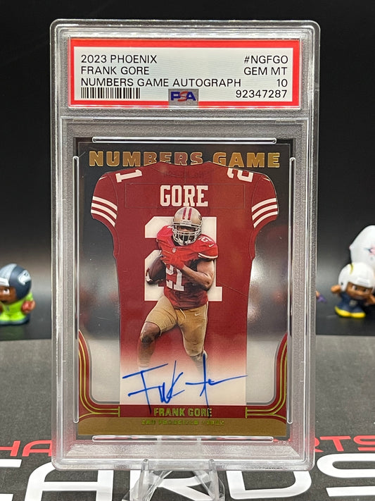 2023 PHOENIX #NGFGO FRANK GORE NUMBERS GAME AUTOGRAPH - SF 49ERS PSA 10